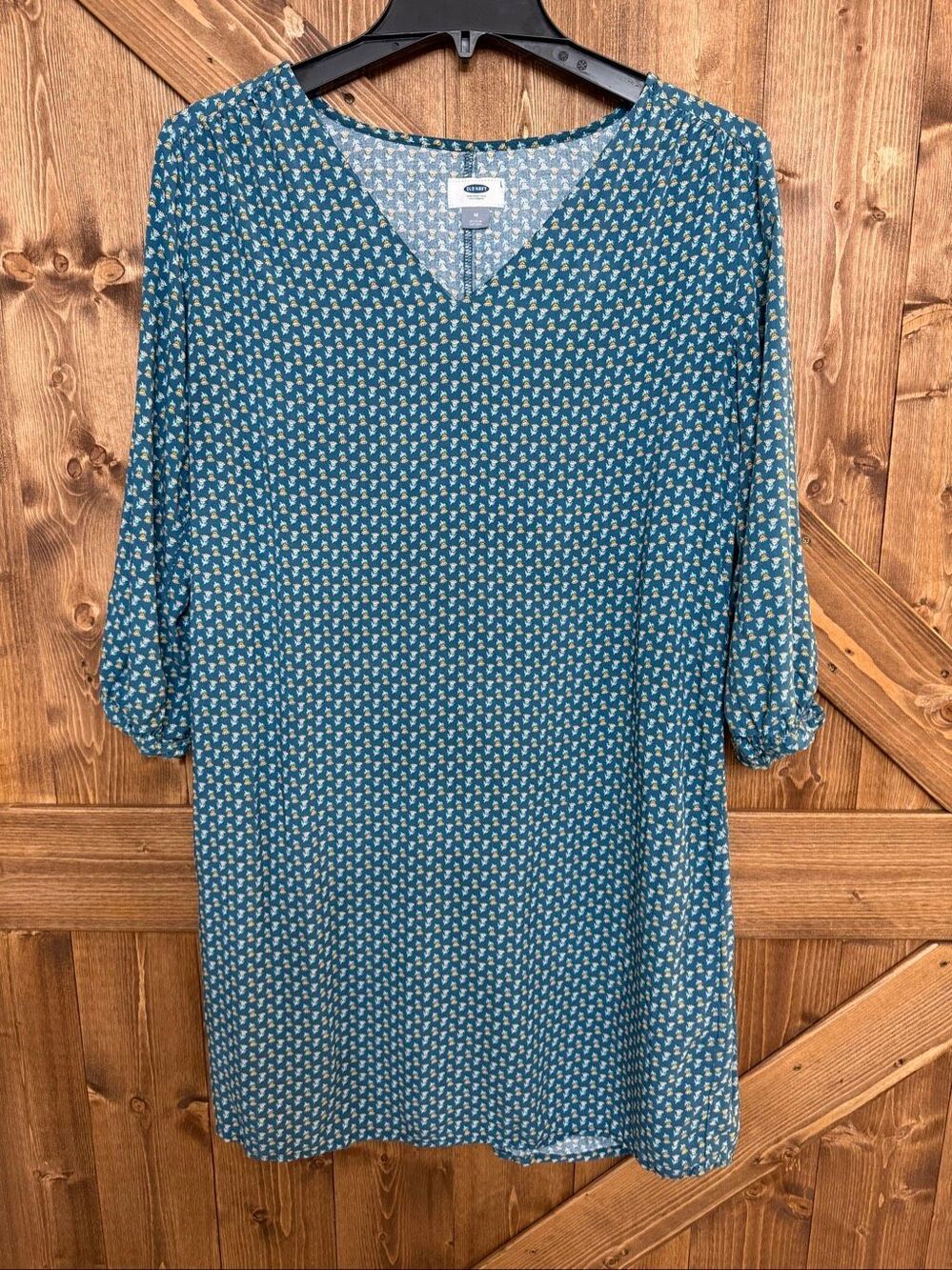 Old Navy Women’s Medium Teal Floral Print V-Neck 3/4 Sleeve Shift Dress (9432)